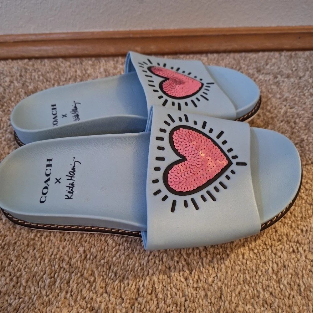 Coach X Keith Haring Collab Sequin Heart Slide Sandals Womens 6B